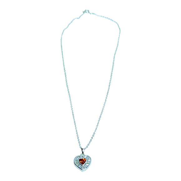 Silver Tone Red Heart Pendant Necklace with Baguette CZ Stones & Red Rhinestone - Picture 2 of 5